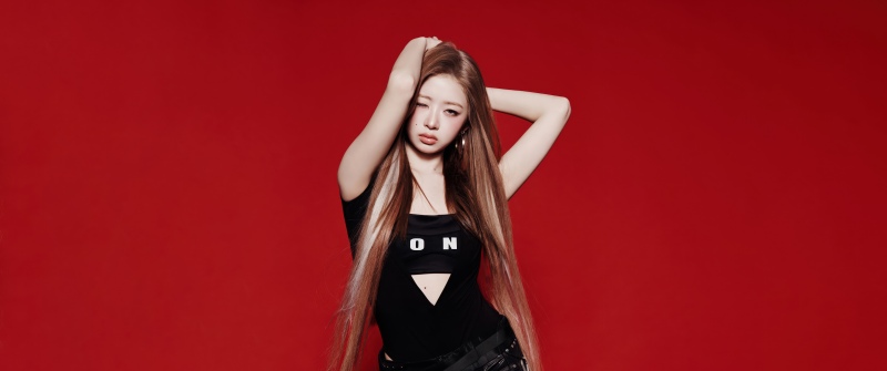Bang Bang - Rei, IVE (K-pop), Red background, 5K, Rei (IVE), Black dress