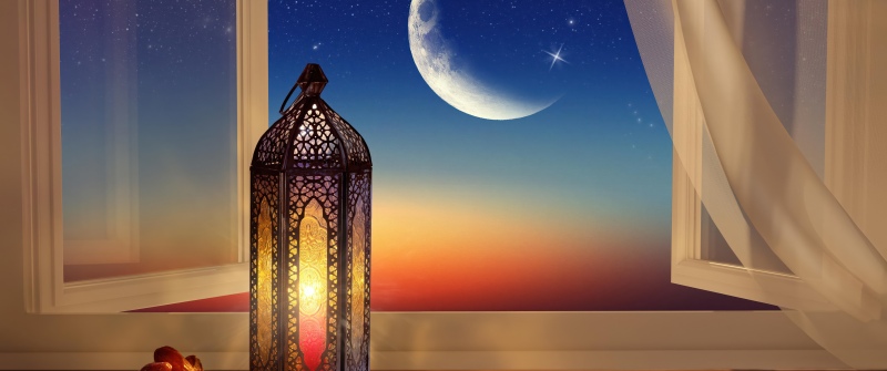 Ramadan, Lantern, Crescent Moon, Night sky, Window, 5K, Gradient sky