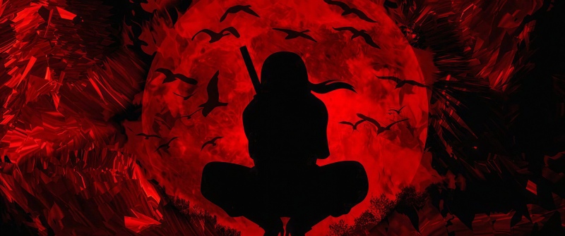 Itachi Uchiha, Dark theme, Silhouette, Naruto, Red background, Red moon