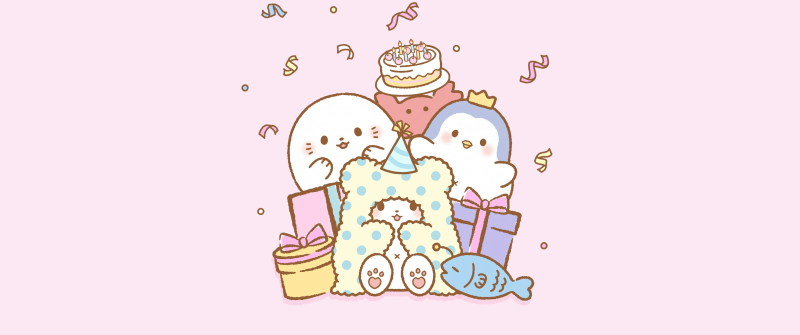 Marumofubiyori (Moppu), Sanrio, Birthday decoration, Kawaii cartoon, Pastel background, Pastel pink, 5K, Birthday party, Confetti