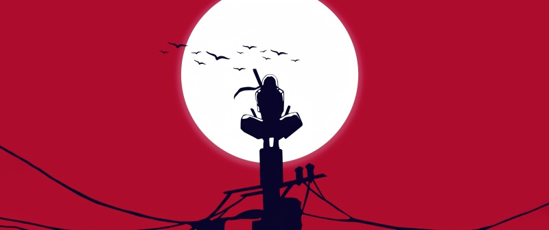 Itachi Uchiha, Moon, Minimalist, Red background, Iconic, Illustration, 5K, Naruto