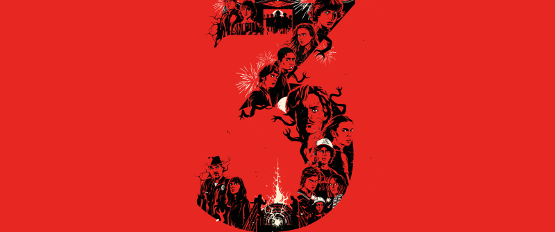 Stranger Things Season 3, 5K, Red background, Netflix series, Illustration