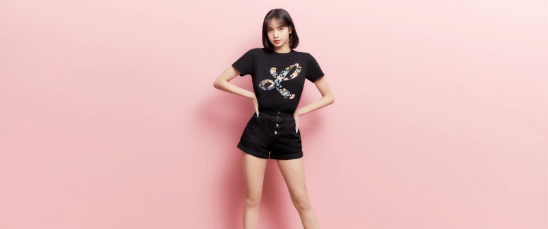 Lisa, Pastel pink, Black dress, Pink background, 5K