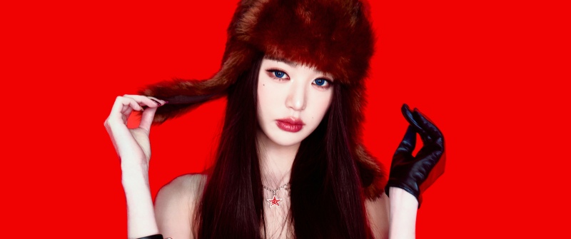 Jang Wonyoung, Blue eyes, 5K, Red background, IVE (K-pop)