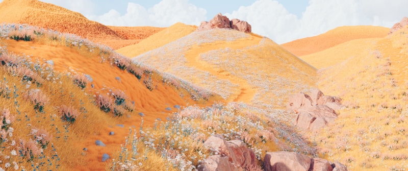 Golden fields, Dreamy, Rolling hills, Digital art, Yellow aesthetic, Surreal landscape, Microsoft Design