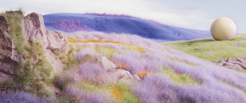 Dreamy, Lavender fields, Landscape, Sphere, Digital art, Surreal landscape, 5K, Aesthetic, Microsoft Design