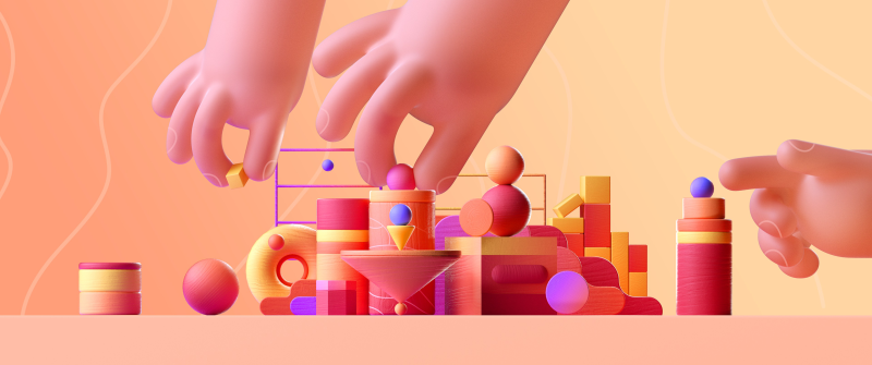 Giant hands, Building blocks, Stack, Toys, Geometric, Peach background, Warm, Miniature, 3D Render, Microsoft Design