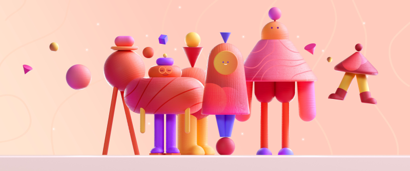 Geometric, Characters, Shapes, Coral, Pastel background, Whimsical, 3D Render, Toys, Microsoft Design