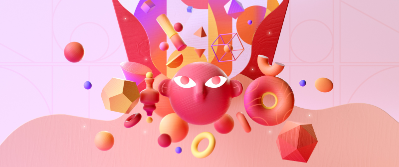 Geometric, Explosion, Floating objects, Hot pink, Vibrant, Dynamic, Pop Art, Coral, Bold, Microsoft Design