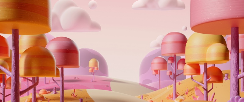 Geometric, Forest, Candy, Cheerful, Pastel colors, Cartoon, 3D Render, Whimsical, Orange aesthetic, 5K