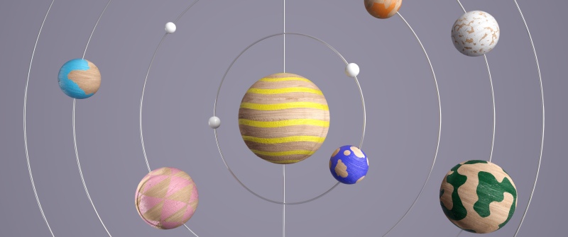 Wooden, Planets, Solar system, Orbital ring, Pastel colors, 3D Render, Multicolor