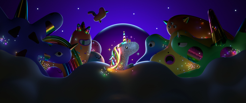 Unicorn, Rainbow mane, Monsters, Magical, Night, Clouds, Dark aesthetic, Dark blue, Kawaii, 3D Render, Neon art