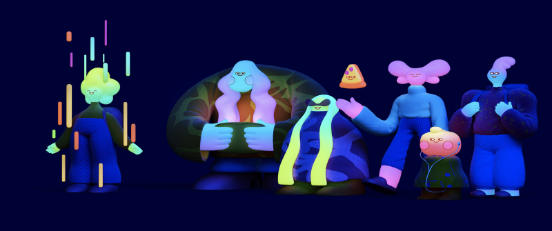 Neon glow, Cute cartoon, 3D Render, Navy blue background, Whimsical, Dark Mode, Microsoft Design