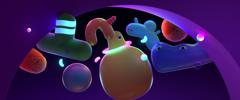 Neon glow, Fuzzy Monsters, Playful, Purple aesthetic, Whimsical, Kawaii, Vibrant, Neon colors, Microsoft Design