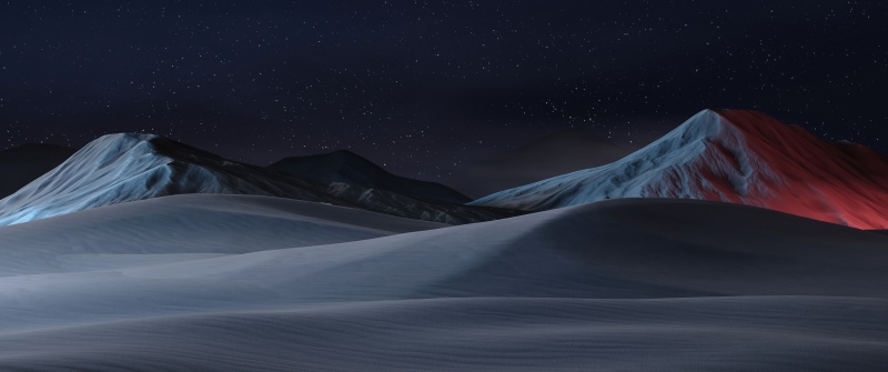 Snow mountains, Starry sky, Sand Dunes, Red glow, Dramatic, Nightscape, Dark aesthetic, Microsoft Design