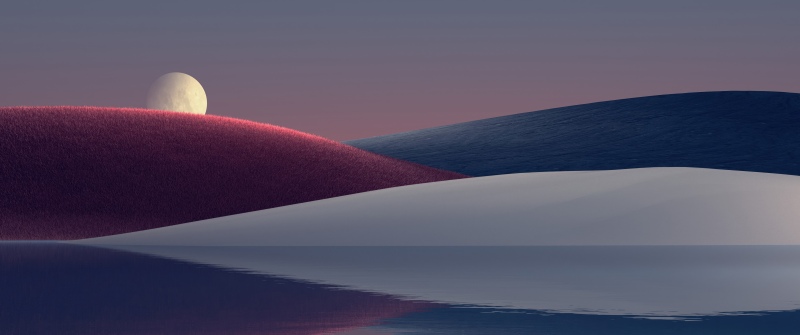 Moonrise, Rolling hills, Surreal landscape, Lake reflection, Digital Art, Dreamlike, Dusk, Twilight, Aesthetic, 5K