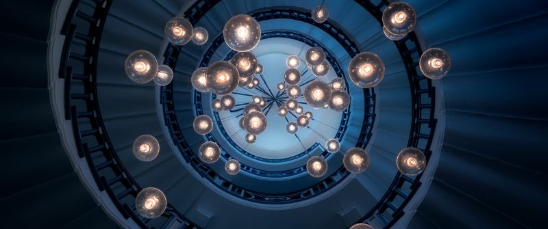 Spiral staircase, 5K, Chandelier, Steps, Look up, Pattern, Lights, Interior, Blue aesthetic