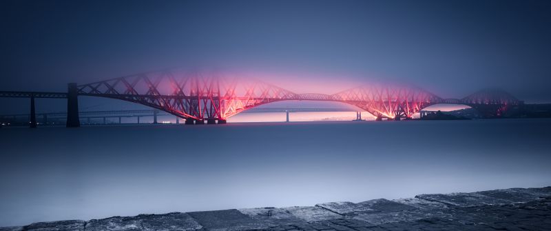 Forth Bridge, United Kingdom, UNESCO World Heritage Site, Queensferry, Sunset, River, Night, Railway Bridge, Cantilever bridge, Purple light, Fog, 5K