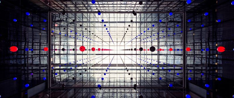 Glass building, Spheres, Modern architecture, Interior, Symmetrical, Office, Look up, Skylight, 5K