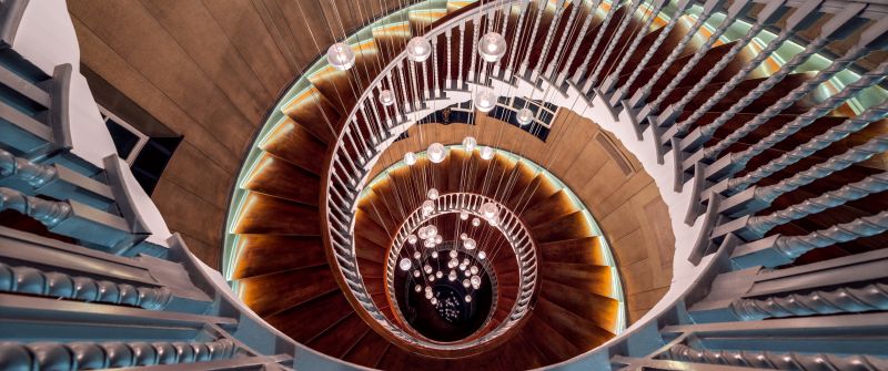 Wooden, Spiral staircase, Steps, Lights, Look Down, Descent, Interior, Curves, Pattern, Aesthetic, 5K, 8K, Chandelier