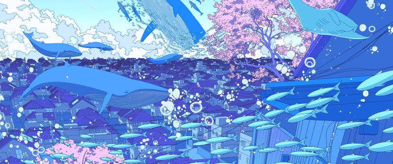 Surreal, Underwater city, Whale, Fishes, Cherry blossom, Anime girl, 5K, Japanese girl, Aesthetic