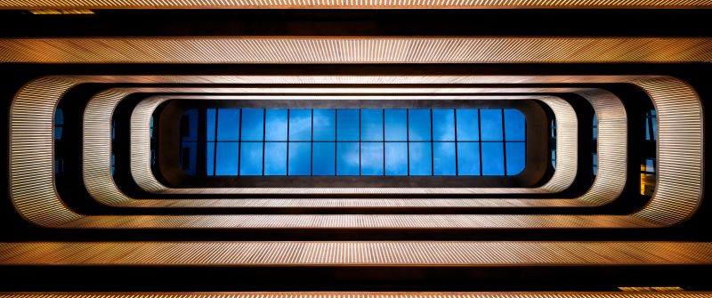Bush Pavilion Hotel, London, Atrium, Symmetrical, Looking up at Sky, Blue, Skylight, 5K, 8K, England