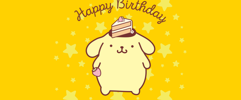 Pompompurin, Happy Birthday, Yellow background, Cute cartoon, 5K, Sanrio, Kawaii cartoon, Yellow aesthetic