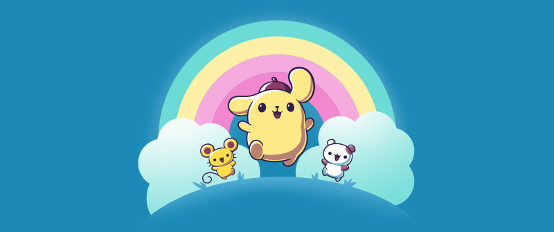 Pompompurin, Scone, Muffin, Blue background, Cute cartoon, 8K, 5K, Sanrio, Kawaii cartoon
