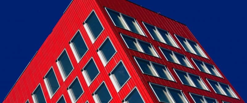 Red Building, Blue Sky, Clear sky, Geometric, Low Angle Photography, Windows, Pattern, 5K