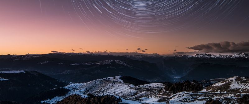 Dolomites, Italy, Mountain range, Snow covered, Mountains, Outer space, Galaxy, Astronomy, Star Trails, 5K