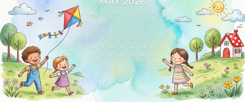 May 2026 Calendar, Watercolor illustration