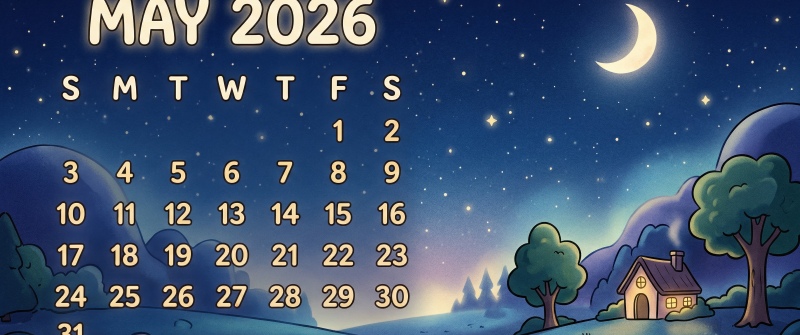 May 2026 Calendar, Cartoonish night scene