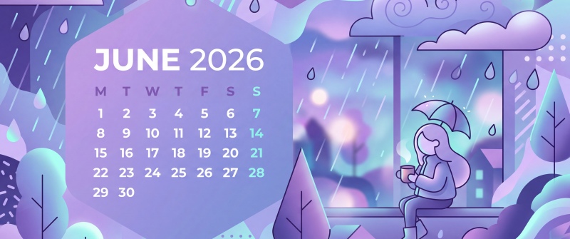 June 2026 Calendar, Rainy day wallpaper
