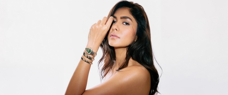 Mrunal Thakur, Black dress, Indian actress, White background, 5K, Portrait