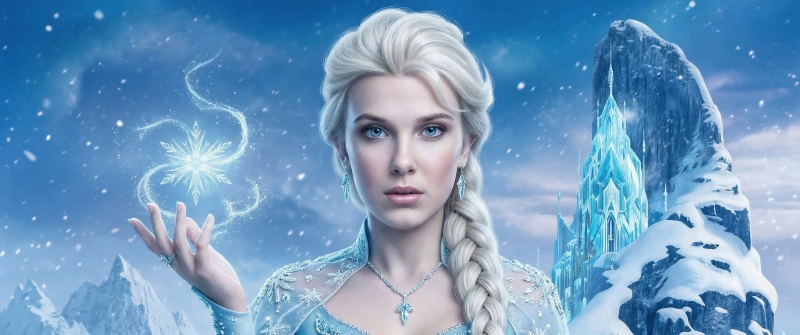 Millie Bobby Brown, Elsa, Blonde, Snow queen, AI art, Disney Princess, Frozen, 5K