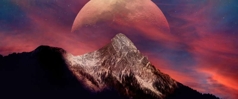 Blood Moon, Mountain Peak, 5K, Snowy Mountains, Twilight