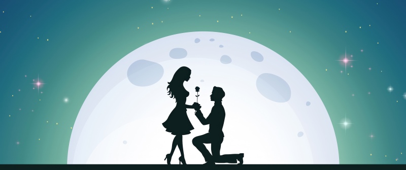 Love couple, Proposal, Romantic, Silhouette, 5K, Moon, Illustration