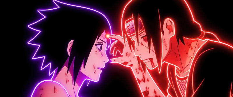 Itachi Uchiha, Sasuke Uchiha, Neon art, Neon glow, Black background, 5K