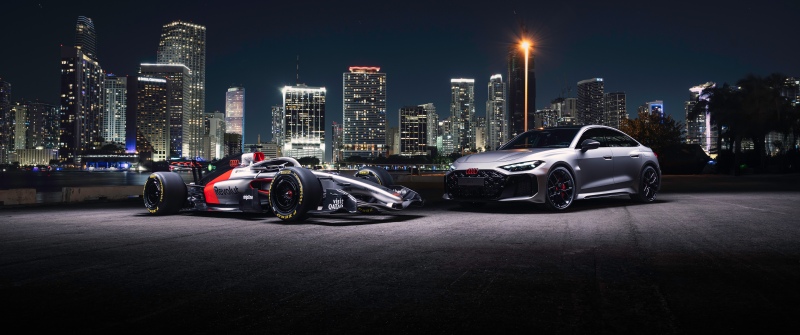Audi RS 5, Audi R26 Concept, Formula One, 2026, 5K, 8K, Miami, Cityscape, Nightscape