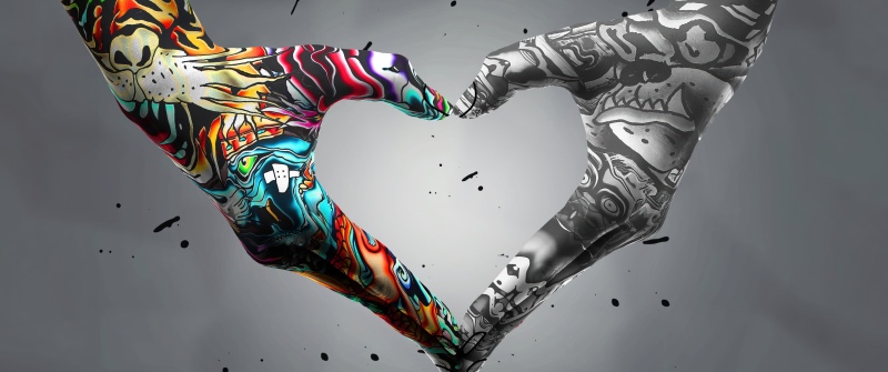 Heart shape, Graffiti, Heart symbol, Tattoo, Colorful, Grayscale, Love heart, 5K