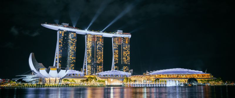 Marina Bay Sands, Singapore, Hotel, Night life, City lights, Body of Water, Reflection, Light beam, Dark, Modern architecture, Cityscape, 5K