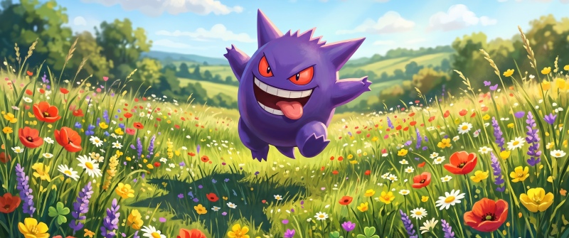 Gengar, Pokémon, Meadow, Wildflowers, Sunny, Cartoon