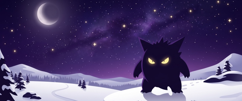 Pokémon, Gengar, Winter, Night sky, Landscape, Fantasy, Purple
