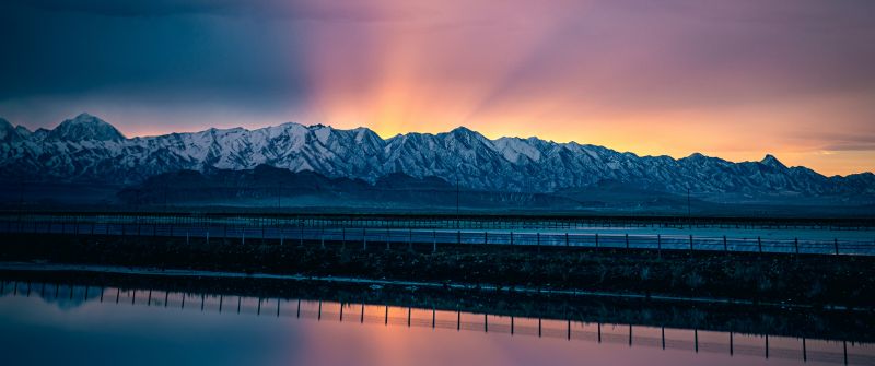 Snow mountains, Landscape, Sunrise, Salt Lake City, Water, Reflection, Scenery, Reflection, Mountain range, Clear sky, 5K