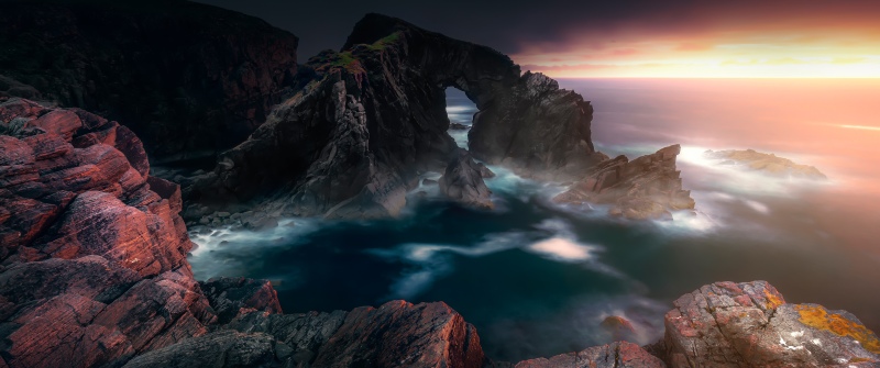 Stac a Phris Arch, Scotland, Long exposure, Sunset, Coastline, Rocky coast, Ocean, Isle of Lewis, Rock formations, Seascape, 5K