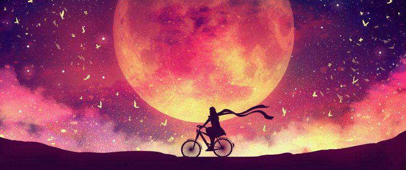 Moon, Girl, Dream, Lake, Bicycle, Surreal, Evening