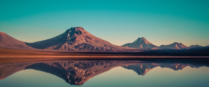 Laguna Lejia, Salt Lake, Chile, Mountains, Blue Sky, Reflection, Body of Water, Mountain range, Volcano, Lejía Lake, Landscape, Sunset, 5K