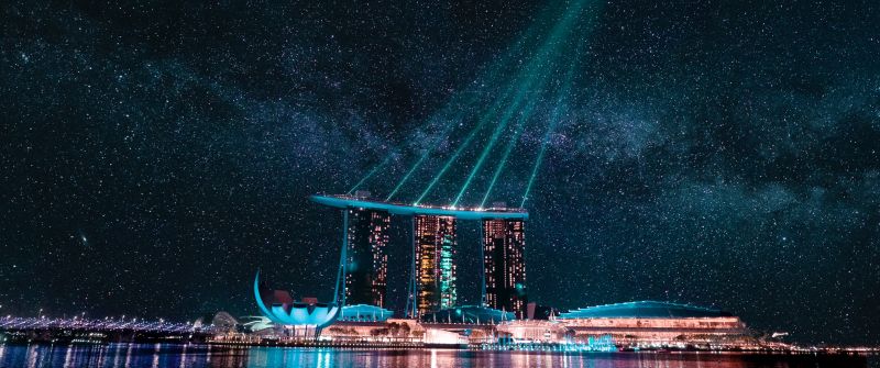 Marina Bay Sands, Night City, Hotel, Singapore, Stars, Night life, City lights, Body of Water, Reflection, Light beam, Modern architecture, Laser Lights, Astronomy, Cityscape, 5K, Dark aesthetic