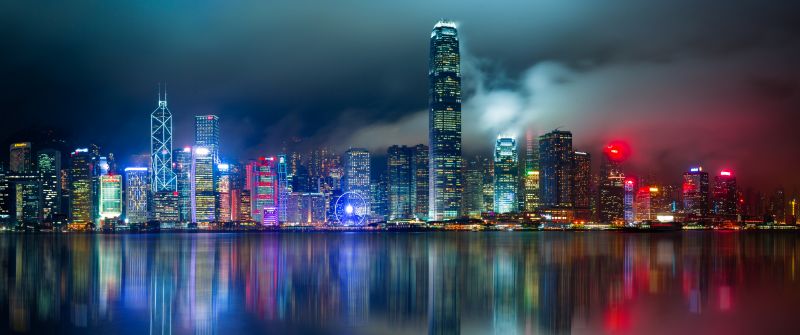 Hong Kong City, 8K, Skyline, Body of Water, Reflection, Skyscrapers, Modern architecture, Cityscape, Night lights, Scenic, 5K