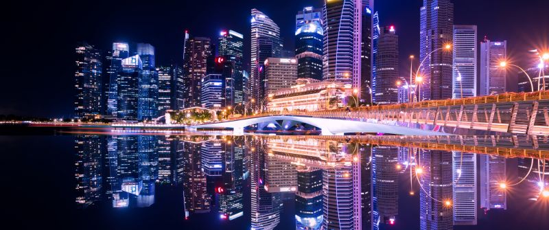 Singapore, City Skyline, Skyscrapers, Modern architecture, Body of Water, Reflection, Symmetrical, Cityscape, Night time, City lights, Beautiful, 5K